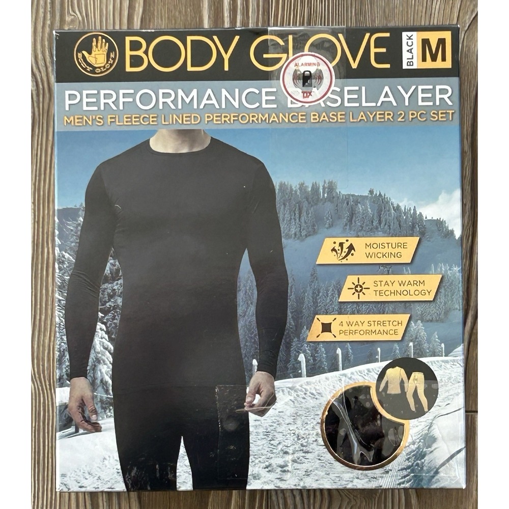 Body Glove Men's Fleece Lined Base Layer 2 PC Set Black M Thermal (box open)